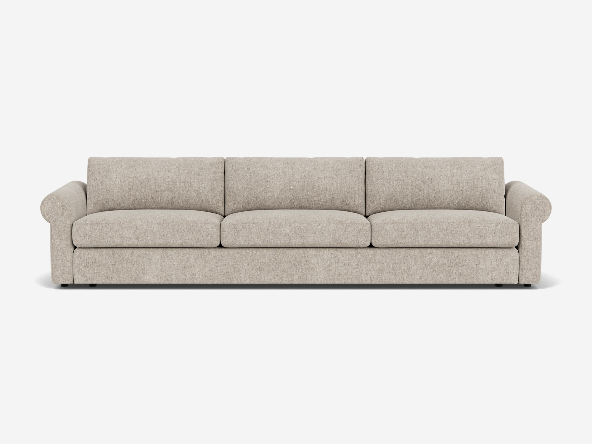 Light grey 3-seat sofa with roll arms front view